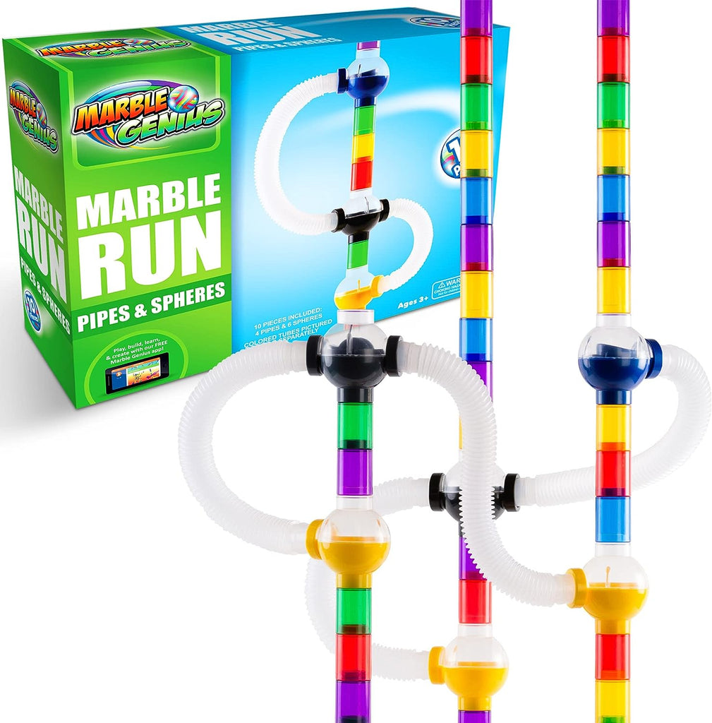 Marble Genius Marble Run Pipes & Spheres Accessory Add-on Set - 10 Pieces Total (4 Pipes, 1 Ramp Sphere, 1 Alternating Sphere, 1 Straight Sphere, & 3 Tube Spheres), with Instruction App Access
