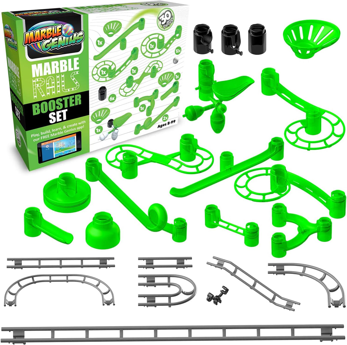 Marble Genius Marble Rails Booster Set 30 Piece Marble Run (Includes