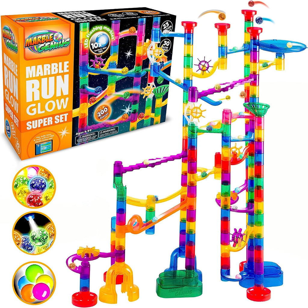 Marble Genius Glow Marble Run Set, Marble Maze Glow in The Dark (200 pcs) STEM Educational Building Block Toy, Instruction App Access & Full Color Instruction Manual, Great Gift for Kids, Super Set