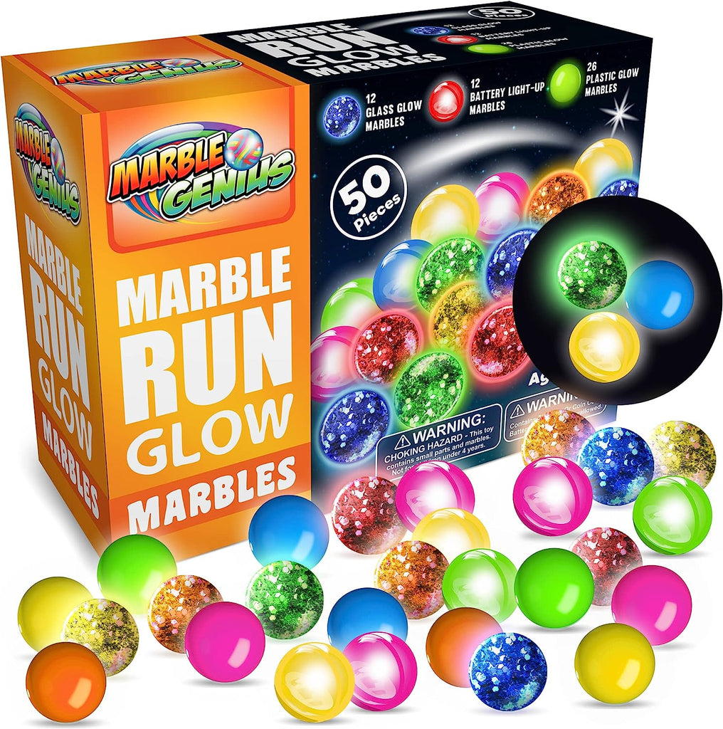 Marble Genius Marble Glow Run Race Track Set Glow in The Dark (50 pcs) STEM Educational Building Block Toy, Instruction App Access & Full Color Instruction Manual, Great Gift for Kids, Marbles