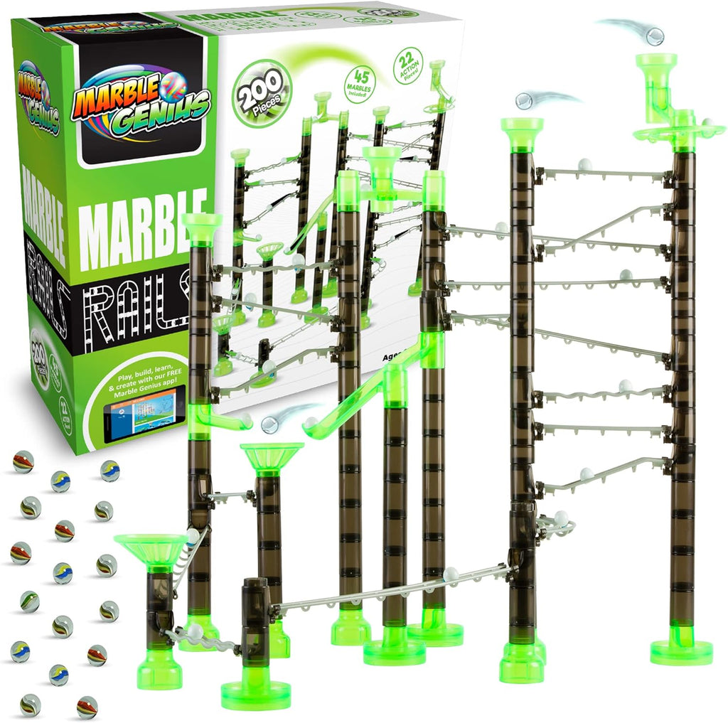 Marble Genius Marble Rails Starter Set, 200 Piece Marble Run (45 Marbles, 30 Rail Pieces, 12 Base Pieces, and More), with Online App and Full-Color Instructions