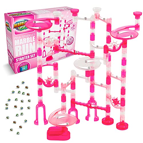 Marble Genius Marble Run Starter Set STEM Toy for Kids Ages 4-12 - 130 Complete Pieces (80 Translucent Marbulous Pieces and 50 Glass Marbles), Construction Building Block Toys, Pink,